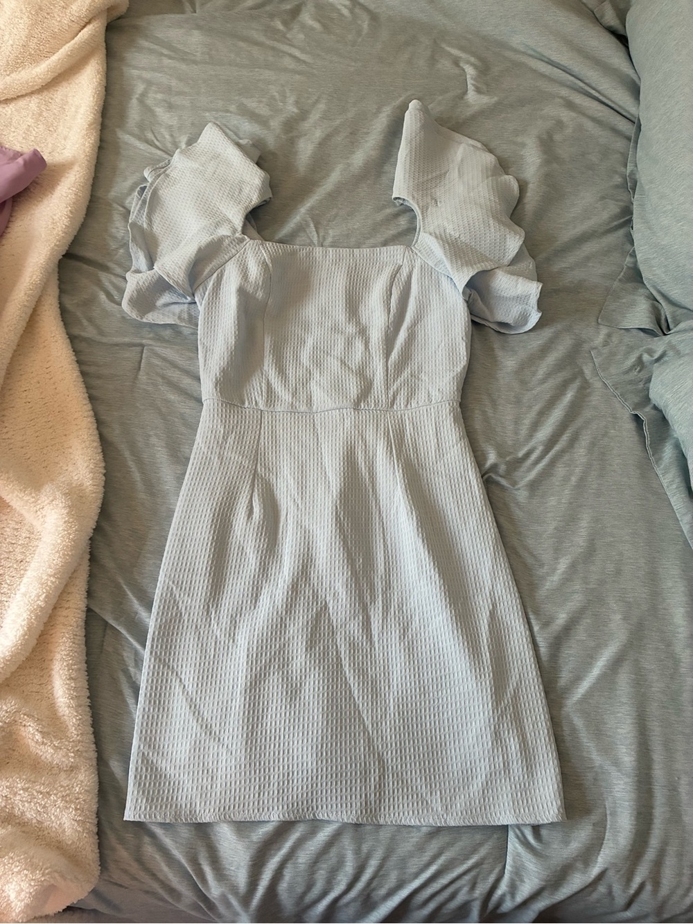 Square Neck Mini Dress with Ruffled Puff Sleeves in Light Blue